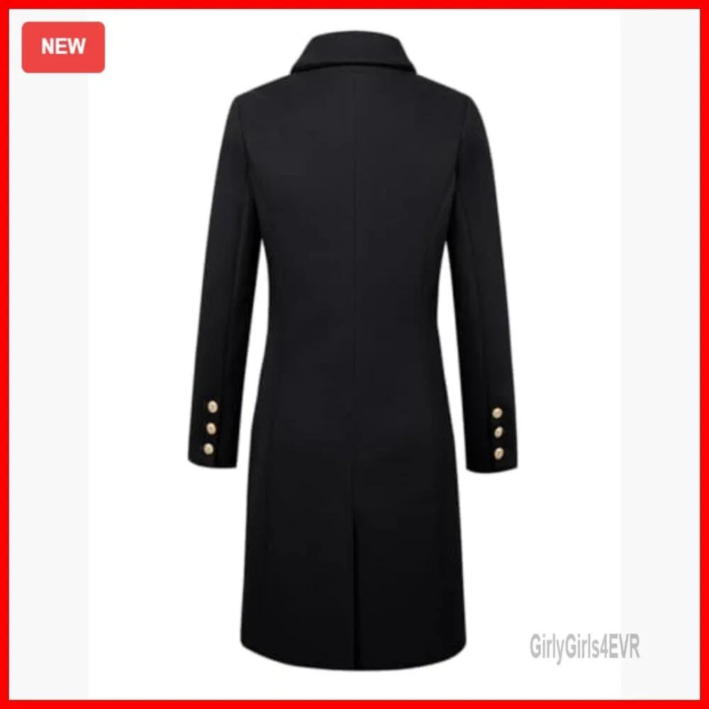 Wool Pea Coat Double Breasted Midi Trench Coat Fall Winter Slim Fit - Picture 4 of 5